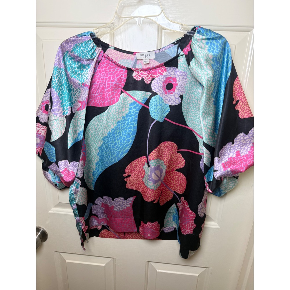 Umgee USA Floral Puff Sleeve Satin Blouse Top